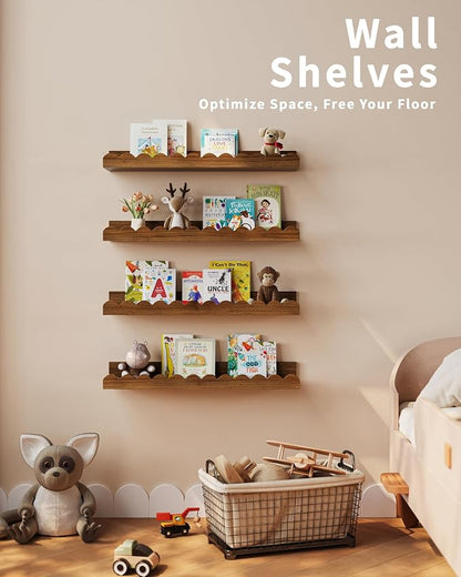 Shario Nursery Book Shelves, 4-Pack Walnut Brown,Floating Shelves for Wall Kids, Scalloped Shelves, Wall Book Shelves for Bedroom Kids, Toddler Room, Baby Room, Nursery Decor