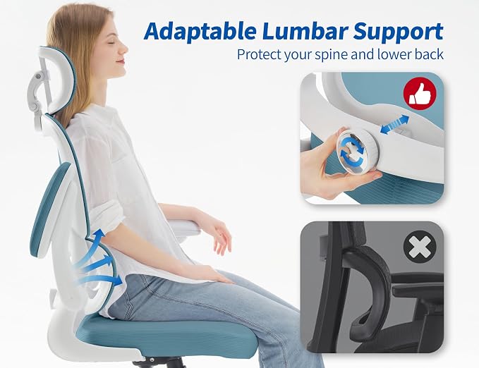 TRALT Ergonomic Office Chair - Desk Chair with Adjustable Headrest Lumbar Support Computer Chair - Mesh Comfy Chair with Flip-up Armrests - Gaming Chairs for Adults Home Office (PU Leather, Blue)