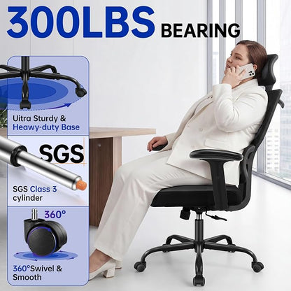 Ergonomic Office Chair, High Back Mesh Computer Chair with Comfortable Adaptive Lumbar Support, Built-in Coat Hanger, SGS Class 4 Gas Lift, Heavy Duty 300lbs for Long Hours Home Office, Black