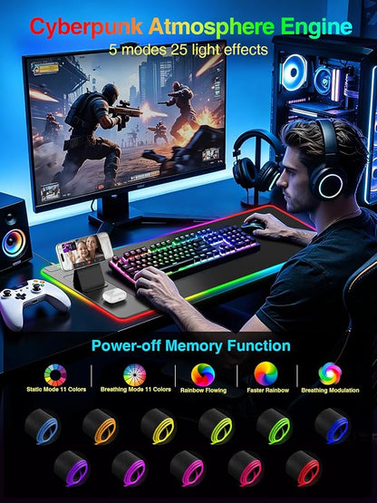 Wireless Charging Mouse Pad with Magnetic Phone Stand, 31.5"x15.8" Large | Gaming Mousepad RGB Desk Mat, Smooth Glide, Stitched Edge, Non-Slip Rubber Base, Waterproof Keyboard Mat, with Adatper