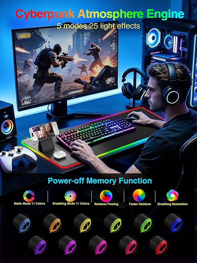 Wireless Charging Mouse Pad with Magnetic Phone Stand, 31.5"x15.8" Large | Gaming Mousepad RGB Desk Mat, Smooth Glide, Stitched Edge, Non-Slip Rubber Base, Waterproof Keyboard Mat, No Adatper