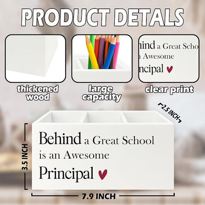 Principal Gifts Pen Pencil Holder Organizer for Desk, Gifts for Principals Women Men, Behind a Great School Is an Awesome Principal Wooden Box Sign for Office Workplace Desk Tabletop Decorations
