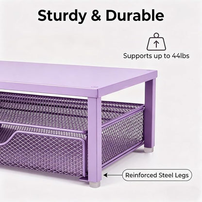 Spacrea Desk Organizer and Accessories, Computer Monitor Stand Riser with Drawer and 1 Open Pen Holder, Printer & Laptop Stand, Office Desk Accessories for Home Office Supplies (Purple)