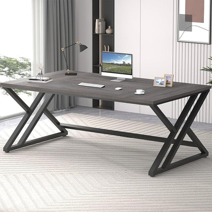 LVB Long Rustic Computer Desk, Industrial Large Wood Metal Office Desk, Modern Pc Study Gaming Writing Table for Two Person, Workstation Executive Desk for Home Bedroom Living Room, Dark Gray, 70 Inch
