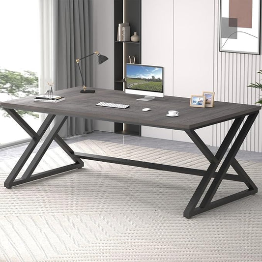 LVB Long Rustic Computer Desk, Industrial Large Wood Metal Office Desk, Modern Pc Study Gaming Writing Table for Two Person, Workstation Executive Desk for Home Bedroom Living Room, Dark Gray, 70 Inch