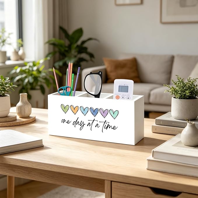 One Day At a Time Inspirational Mental Health Recovery Pen Pencil Holder Organizer for Home Therapy Office Desk Accessories, Motivational Self Love Wood Signs Makeup Brush Toothbrush Holder