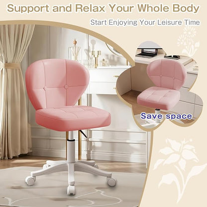 Vanity Chair with Back – Small Armless Office Chair with Wheels, Lumbar Support, PU Leather, Adjustable Height, 360° Swivel for Home, Bedroom, Office Pink Set of 1