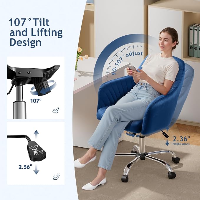 Warmiehomy Office Chair, Velvet Desk Chair for Women, Comfy Vanity Chair with Wheels, Home Computer Chair with Arm Rest for Bedroom, Royal Blue