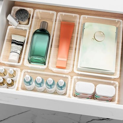 ElegantArray 48 PCS Drawer Organizer Set, 4 Sizes Tool Storage Trays, Clear Plastic Makeup Vanity Organizer and Storage Bins for Makeup, Stationeries, Multiple Gadgets for Bathroom, Office, Bedroom