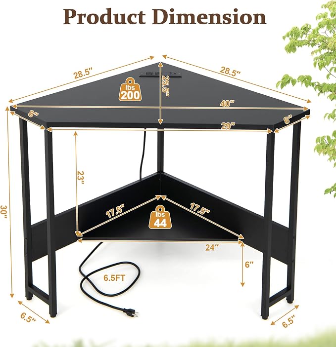 COSTWAY Corner Computer Desk, with USB Ports & Power Outlet, Storage Shelf for Small Space, Triangle Steel Frame Corner Desk for Home Office, Workstation (Black)