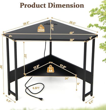 COSTWAY Corner Computer Desk, with USB Ports & Power Outlet, Storage Shelf for Small Space, Triangle Steel Frame Corner Desk for Home Office, Workstation (Black)