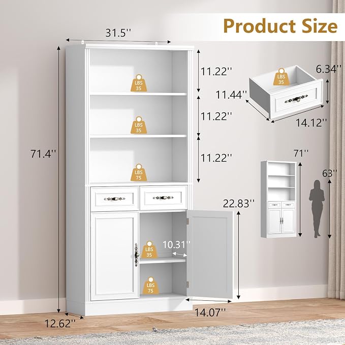 Thacuok 72'' Tall Bookcase with Doors and Drawers, Adjustable Shelves, P2 MDF Construction, 32'' Wide Freestanding Cabinet with Metal Handles, Hidden Storage for Living Room, Bedroom