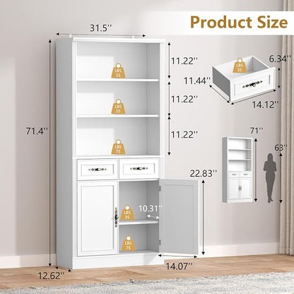 Thacuok 72'' Tall Bookcase with Doors and Drawers, Adjustable Shelves, P2 MDF Construction, 32'' Wide Freestanding Cabinet with Metal Handles, Hidden Storage for Living Room, Bedroom