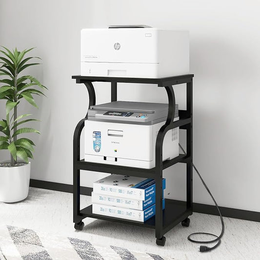Natwind 3 Tier Printer Stand,Rolling Printer Table with Adjustable Storage Shelf for Home Office Organization,Multifunctional Shelves for Heat Press,3D Printer (Black)