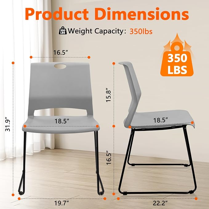KLASIKA Stackable Guest Reception Chairs, Stacking Office Chair with Ergonomic Lumbar Support & Metal Legs, Plastic Desk Chairs for Conference School Church Waiting Meeting Break Room Set of 12, Gray