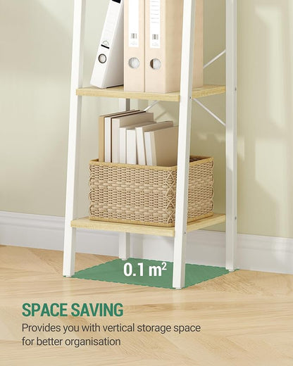 Hzuaneri Ladder Shelf, Bookshelf Bookcase, Freestanding Corner Storage Shelve with 2 Hooks for Home Office, Living Room, Kitchen, Bedroom, Industrial, 11.8" D x 13.4" W x 63" H, White Oak and White
