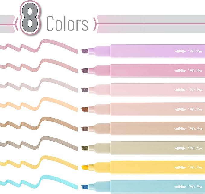 Mr. Pen- Aesthetic Highlighters No Bleed, 8 Pack, Neutral Colors | Chisel Tip, Cute Highlighters Assorted Colors for Journaling, Highlighting, Underlining, Fast Dry, Back to School Supplies
