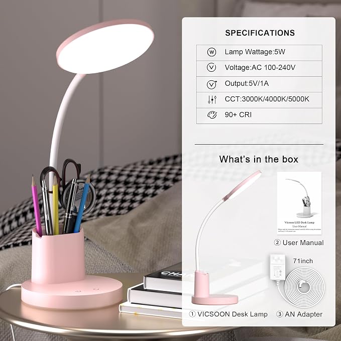 Desk Lamp, LED Desk Lamps for Home Office, Touch Table Lamp with 3 Color Modes 360° Adjustable Arm, Dimmable Desk Light with Pen Phone Holder for College Dorm, Pink