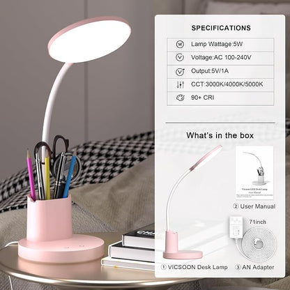 Desk Lamp, LED Desk Lamps for Home Office, Touch Table Lamp with 3 Color Modes 360° Adjustable Arm, Dimmable Desk Light with Pen Phone Holder for College Dorm, Pink