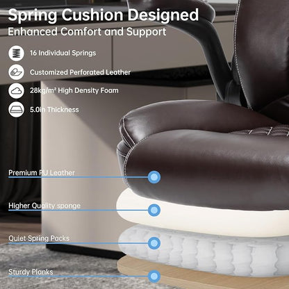 Heavy-Duty Executive Office Chair with Ergonomic Design, 300LBS PU Leather Chair with Adjustable Lumbar Support, 360° Swivel, Reclining Backrest, and Flip-Up Armrests for Big and Tall People(Brown)