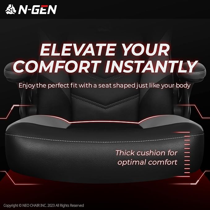 N-GEN Video Gaming Chair Ergonomic Computer Desk Office Chair with Lumbar Support Adjustable Height Swivel Wheels Flip-Up Arms PU Leather Home and Office (Grey)