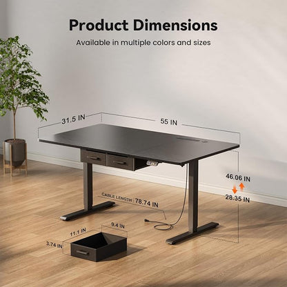 HLDIRECT 55" Electric Standing Desk with Outlets & 2 Drawers, Black | 31.5" extra-wide desktop, 176lb, 28.35"- 46.06" height range, 3 memory presets, home office ergonomic workstation
