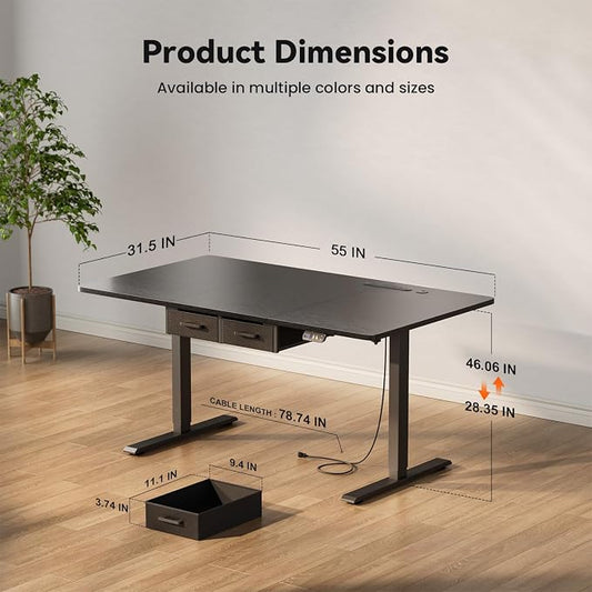 HLDIRECT 55" Electric Standing Desk with Outlets & 2 Drawers, Black | 31.5" extra-wide desktop, 176lb, 28.35"- 46.06" height range, 3 memory presets, home office ergonomic workstation