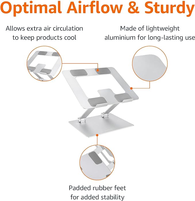 Amazon Basics Sturdy and Portable Ergonomic Laptop Stand for Desk,Height Adjustable Riser with Ventilated Cooling,Foldable,Fits All Laptops up to 17.3 Inch,Silver,10 x 8.7 x 6 in,(Pack of 12)