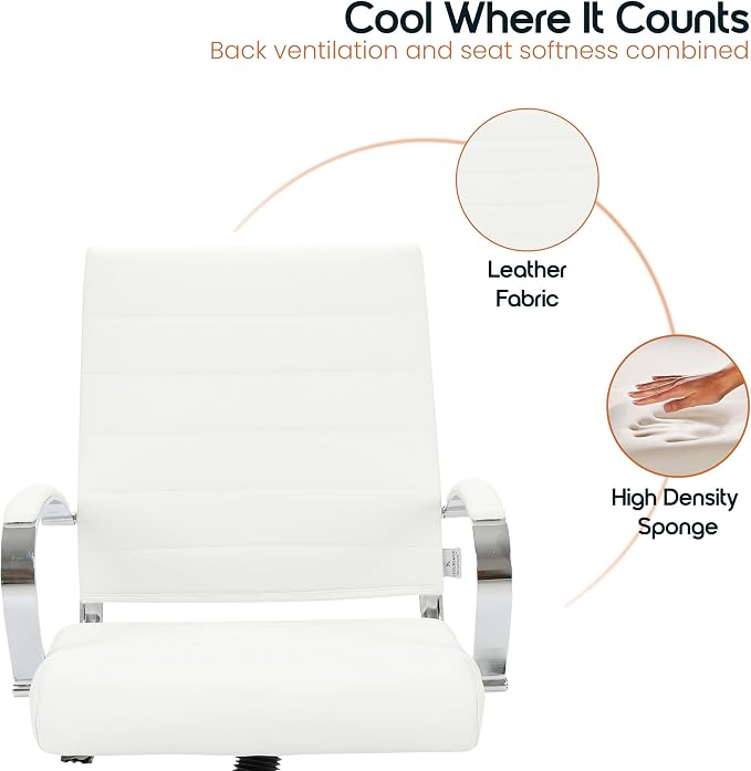 LeisureMod Benmar Leather Office Desk Chair, Mid-Back Ergonomic Swivel Chair with Lumbar Support, Adjustable Height, Tilt Lock, Cushioned Seat & Back, Home Office Task Chair (White, Set of 4)