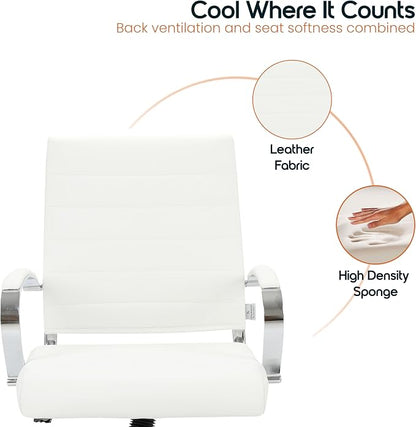 LeisureMod Benmar Leather Office Desk Chair, Mid-Back Ergonomic Swivel Chair with Lumbar Support, Adjustable Height, Tilt Lock, Cushioned Seat & Back, Home Office Task Chair (White, Set of 4)