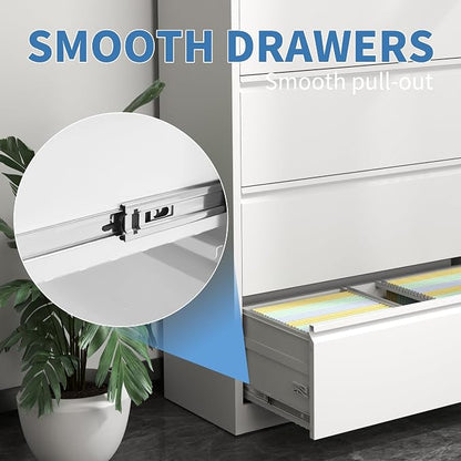 5 Drawer Metal Office Storage Filing Cabinet with Lock, White Lateral File Cabinet for Home Office, Horizontal Locking for Legal/Letter/A4, Assembly Required