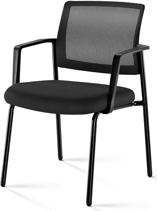 Mesh Back Stacking Arm Chairs, Office Reception Guest Chair with Upholstered Fabric Seat and Ergonomic Lumber Support, Sturdy Metal Office Chairs, Black-1pack