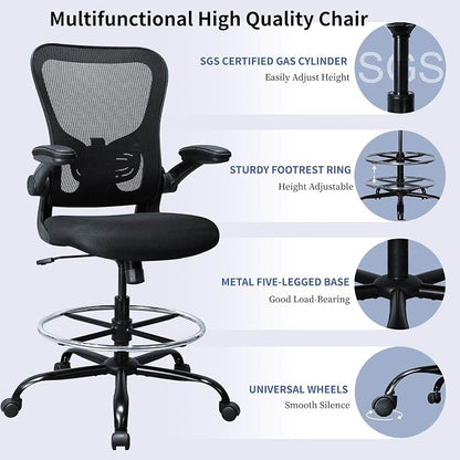 Drafting Chair, Ergonomic Tall Office Chair for Standing Desk, Counter Height Desk Chair with Adjustable Padded Armrests and Footrest Ring Standing Desk Chair Adjustable Height with Lumbar Support