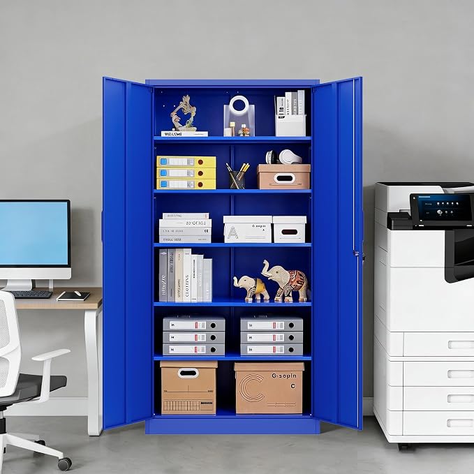 Metal Cabinet with Lock, Tall Storage Cabinet with Door and Adjustable Shelves,Blue Steel Storage Cabinets for Garage,Home Office,Pantry,School,Hospital