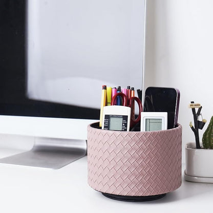 Round Leather Art Supply Organizer,Remote Control Holder,360 Degree Spinning,Multi-Functional Pencil Holder,4 Compartments Desktop Stationary Organizer(1-Weave Purple)