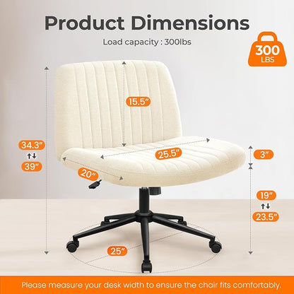 NEO CHAIR Criss Cross Chair with Wheels Armless Cross Legged Office Desk Wide Comfy Vanity Makeup Chair Adjustable Swivel Rolling Computer for Home Office Fabric (Beige)
