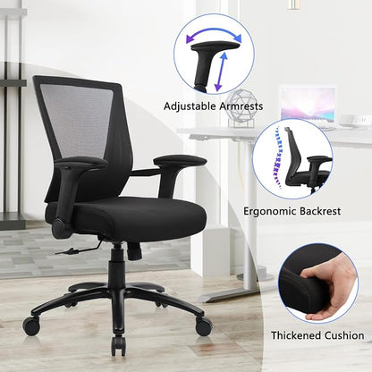 CLATINA Big and Tall Office Chair Heavy Duty Ergonomic Desk Chair 500lbs with Flip-up Arms & Wide Thick Seat Cushion Home Executive Swivel Mesh Chair for Study, Conference, Black, 8 PK