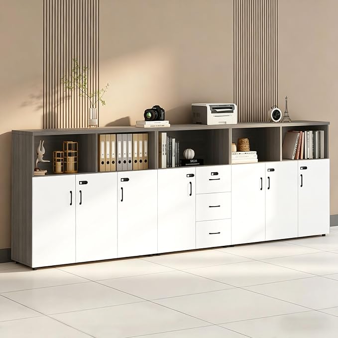 File Cabinet with Password Lock, Wood Lateral Filing Cabinet for Letter/A4 Files, 3 Drawer with Door, Printer Stand with Open Shelves for Home Office