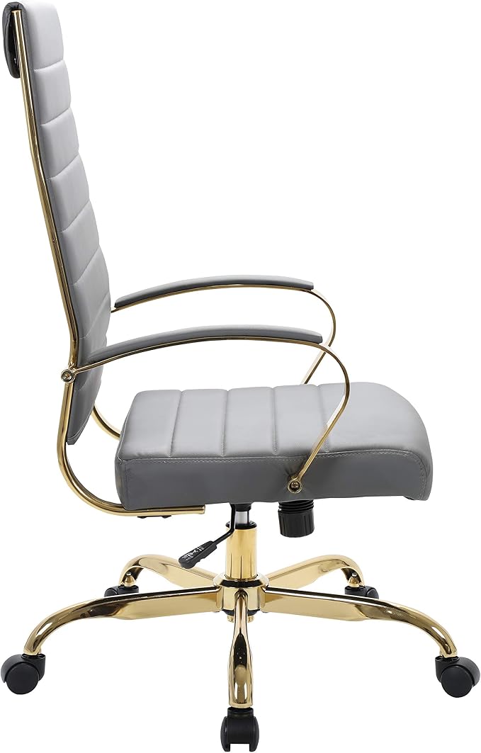 LeisureMod Modern High-Back Leather Office Chair - Swivel & Adjustable Executive Desk Chair with Gold Frame, Ergonomic Design for Home & Office (Grey, Single)