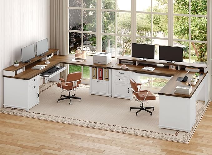 RALGEND 2 Pack Farmhouse 69" Executive L Shaped Desk with Drawer, Home Office Desk with Charging Station, Corner Computer Desk with Monitor Stand,Drawer, Storage Cabinet, White and Walnut