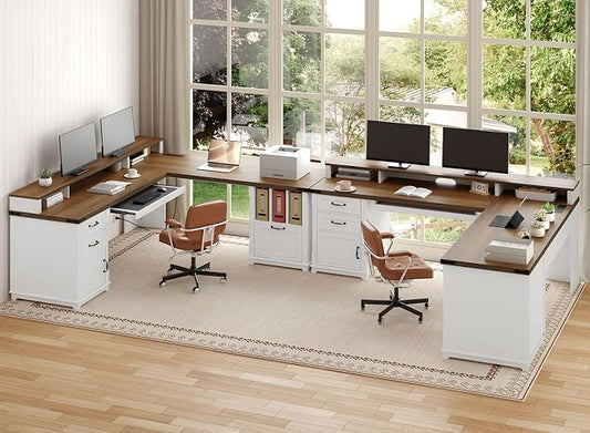 RALGEND 2 Pack Farmhouse 69" Executive L Shaped Desk with Drawer, Home Office Desk with Charging Station, Corner Computer Desk with Monitor Stand,Drawer, Storage Cabinet, White and Walnut