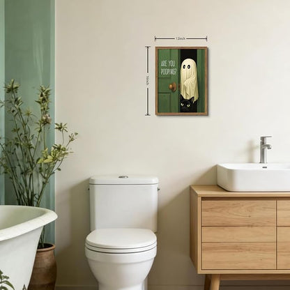 Funny Ghost Cat Halloween Bathroom Wall Art, Cute Ghost Bathroom Halloween Wall Decor Are You Pooping Picture, Vintage Framed Canvas Prints Funny Artwork for Restroom 12x16in Wood Frame