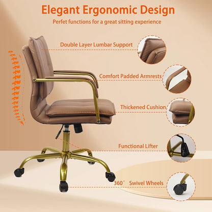 CLATINA Leather Home Office Desk Chairs, Swivel Mid-Back Computer Chair with Golden Legs and Arms, Comfy Upholstered Task Chair with Wheels, Brown