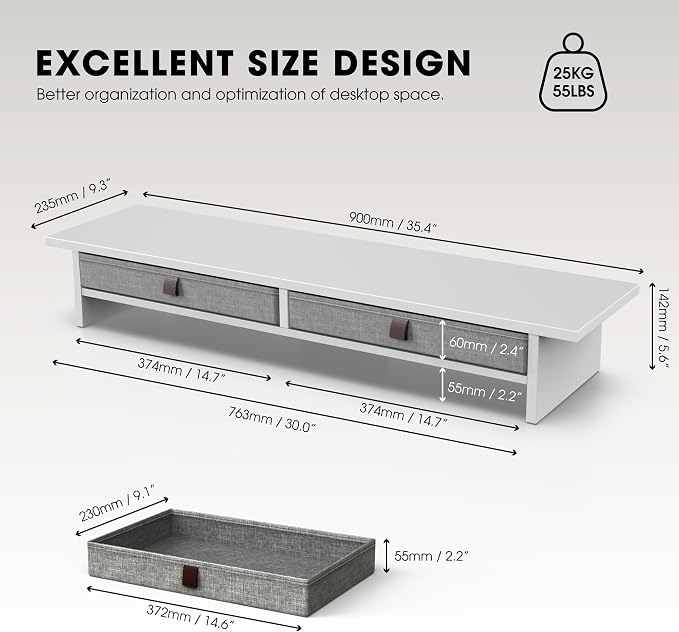 Fenge Monitor Stand with Drawer, 2 Tiers Dual Monitor Riser for Desk, 35 Inch Computer Stand for 2 Monitors, Desk Shelf for Home, Office, Laptop, PC, TV, Printer