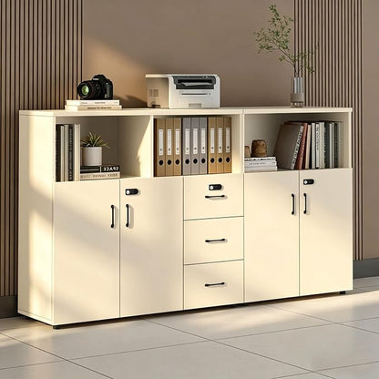 File Cabinet with Password Lock, Wood Lateral Filing Cabinet for Letter/A4 Files, 3 Drawer with Door, Printer Stand with Open Shelves for Home Office