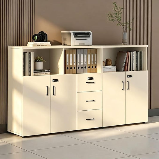 File Cabinet with Password Lock, Wood Lateral Filing Cabinet for Letter/A4 Files, 3 Drawer with Door, Printer Stand with Open Shelves for Home Office