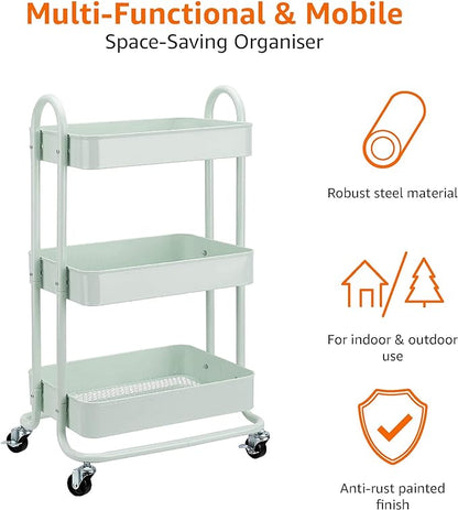 Amazon Basics 3-Tier Metal Rolling Utility Cart, Storage Organizer, Multi-Functional Kitchen Island Cart, Portable Shelving Unit with Caster Wheels, Mint Green