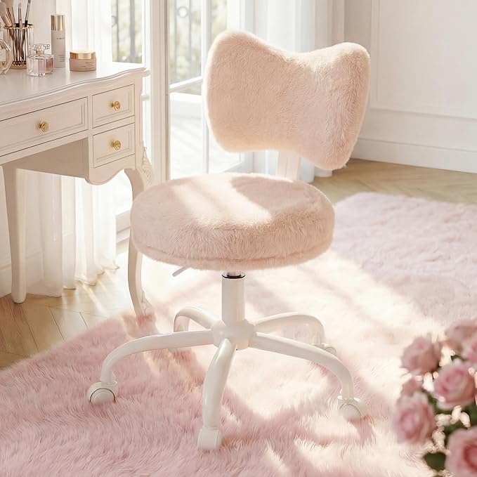 Homkdom Vanity Chair with Wheels, Cute Desk Chair with Bow Backrest, Fluffy Faux Rabbit Fur Small Office Chair for Vanity, Make-up Room, Bedroom, Dorm, Height Adjustable, Orange Pink