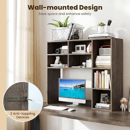 Giantex Desktop Bookshelf, Desk Hutch Dorm w/ 7 Cubes & 3 Adjustable Shelves, Desk Shelf for Up to 27" Computer Monitors, Wooden Desktop Storage Organizer for Dorm College Office Home (Grey Oak)