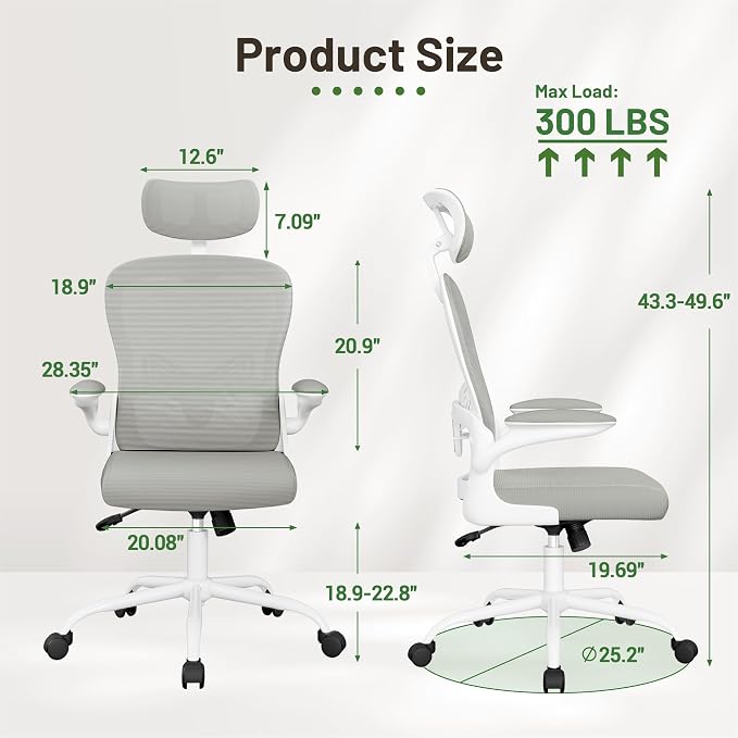 Furmax Ergonomic Office Chair Executive High Back Computer Desk Chair with 3D Adjustable Headrest, Adjustable Lumbar Support Armrests for Home Office (Light Gray)